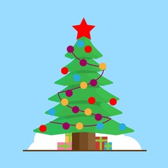 Fototapeta premium Decorated Christmas tree with gifts for New Year and Christmas. Vector illustration.