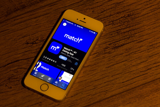 Portland, OR, USA - Apr 22, 2020: The Match.com Dating App Icon Is Seen On A Smartphone. Match Is An Online Dating Service Owned By IAC, As Part Of Match Group, A Group Of Online Dating Companies.