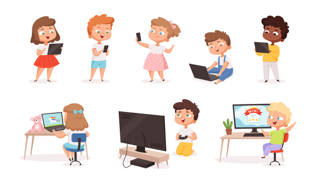Kids using gadgets. Tablet pc smartphone laptop for children education processes future technology distance learning vector set. Illustration laptop and computer, child characters with technology