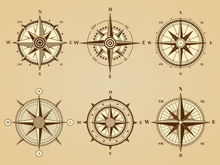 Wind rose. Nautical marine travel symbols for ancient ocean navigation map vector retro symbols. Illustration west and south, north and east direct