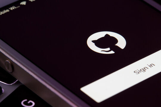 Portland, OR, USA - Apr 14, 2020: GitHub mobile app sign in page is seen on a smartphone. GitHub provides hosting for software development version control using Git.