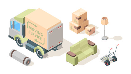 Loader service. Commercial company loaders moving and transporting furniture vehicle truck service people vector isometric set. Illustration shipping professional to relocation