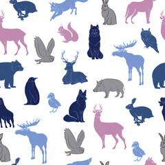 Seamless pattern with forest animals. Nordic Scandinavian style. Editable vector illustration.