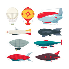 Naklejka premium Flight zeppelin. Airship balloon freedom concept collection vector dirigible set. Illustration dirigible balloon with propeller collection