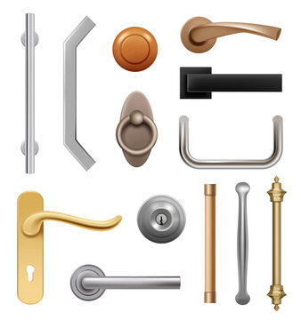 Door handles. 3d modern furniture wooden and metal items interior symbols handles vector realistic. Door handle and holder furniture element illustration
