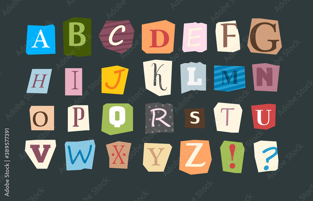 Wall mural collage alphabet. sliced letters various funny style font for flyer or anonymous notes vector colore