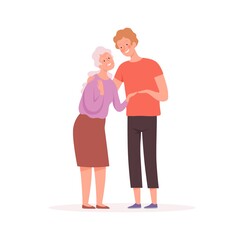 Grandmother and grandson. Elderly character, old woman and boy, social worker or relative vector illustration. Grandmother and child, happiness relationship