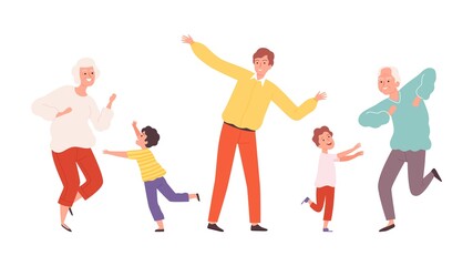 Cute dancing family. Elderly adult and children dencers characters. Happy grandparents and kids vector illustration. Family dance, happy together girl boy and granny