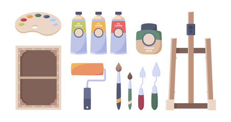 Artist tools. Paints brushes oil tubes palette canvas easel pencils paper hobby accessories for art studio vector illustrations. Gouache paint and paintbrush, artist hobby instrument