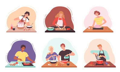Preparing food. Characters cooking in kitchen happy people baked professional or family chef vector illustrations. Illustration woman cooking and preparing food