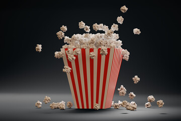 Fluffy popcorn in stripped bucked. 3D rendered illustration.