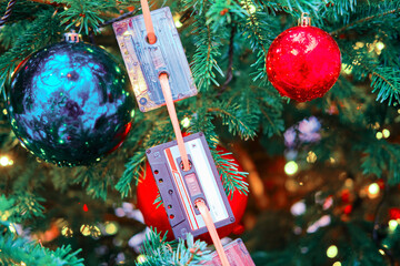 New year and Christmas tree decorations with retro audio cassette
