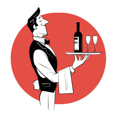 Waiter holding a silver tray with a bottle of wine and wine glasses. Sketch style illustration. - 389578992