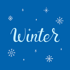 Fototapeta na wymiar Hello winter lettering. Hand drawn text at blue winter background. For card, poster, banner, templates. Vector illustration.