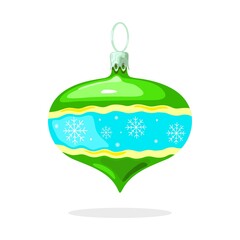Green shiny decoration with yellow wavy stripes, white snowflakes on light blue background in middle and sharp corner beneath. Christmas tree ball, bauble. Vector cartoon isolated illustration.