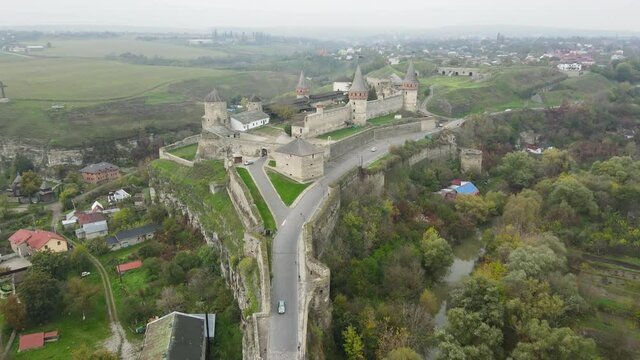 Kamianets-Podilskyi, Kamianets-Podilskyi Castle, Drone, aerial view, old town, city center, ancient, Castle, redoubt, walls, kamianets, view, military, outdoors, perspective, video, 4k, thick, tourism