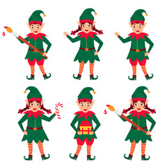 Set of funny Christmas elves. Vector illustration. Cartoon character.