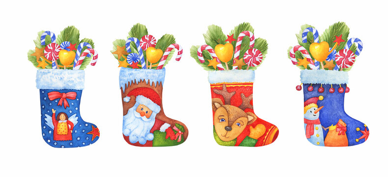 Set xmas sock with Santa Claus, deer, snowman, angel, sweets and gifts. For new year cards, banners and labels. Watercolor hand drawn painting illustration isolated on white background.