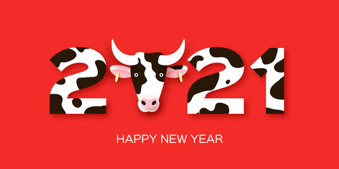 Happy Chinese New Year Banner Template. 2021 symbol bull, ox, cow. Chinese Zodiac. Lunar horoscope sign in paper cut style. Red background.