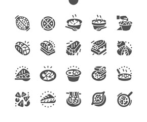 Mexican food. Guacamole, salsa, cheesy sauces with ingredients. Dishes of the cuisine of Mexico. Menu for restaurant and cafe. Vector Solid Icons. Simple Pictogram