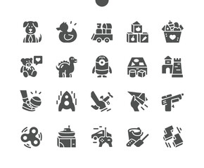 Baby kids toys. Teddy bear, puzzle toy, wooden train and teddy bear. Kids game. Vector Solid Icons. Simple Pictogram