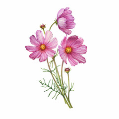 Bouquet with pink flower of cosmea (Cosmos bipinnatus, Mexican aster, garden cosmos). Watercolor hand drawn painting illustration isolated on white background.