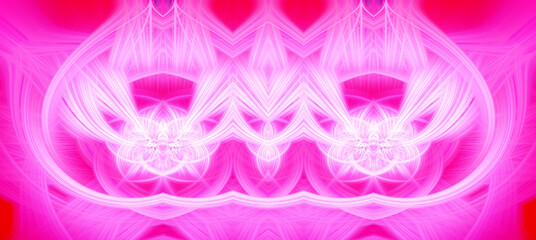 Beautiful abstract intertwined glowing 3d fibers forming a shape of sparkle, flame, flower, interlinked hearts. Bright red, white, and pink colors. Banner size. Illustration