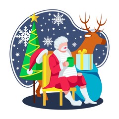 Santa Claus sitting in chair drinking tea. Father Frost Christmas character relaxing with mug of hot drink near decorated fir tree. Merry Christmas and Happy New Year cartoon vector illustration
