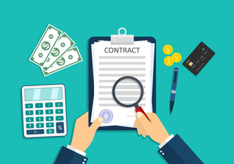 Contract icon. Paper document with pay agreement. Businessman is paperwork, calculate money, stamp signature. Sign of legal deal with rules. Form for lease, tax, loan. Hand write of contract. Vector