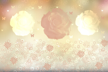 Valentines or wedding day card template. Abstract delicate love romantic holiday light yellow pink background texture with three roses and daisy flowers. Beautiful backdrop with space.