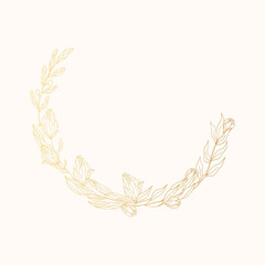 Obraz na płótnie Canvas Golden floral frame with ornate branches and flowers. Vector isolated gold spring flourish delicate background for wedding invitation card. Elegant botanical laurel wreath. 