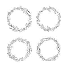 Set of elegant botanical wreaths for wedding invitation card. Floral frames with ornate branches and flowers. Vector isolated spring flourish backgrounds.