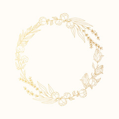 Elegant botanical golden frame for wedding invitation card. Vector isolated gold spring flourish wreath. Beautiful floral background with ornate branches and flowers. 