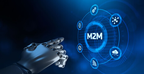 M2M Machine to machine communication technology concept Robot hand pressing on virtual screen.