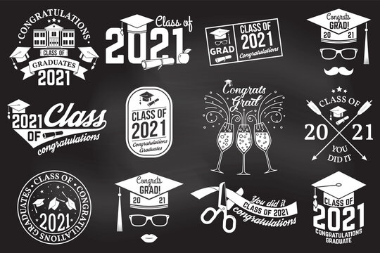 Set of Vector Class of 2021 badges Concept for shirt, print, seal, overlay or stamp, greeting, invitation card. Typography design- stock vector.