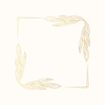 Elegant botanical golden border for wedding invitation card. Floral square frame with ornate branches. Vector isolated gold spring flourish background.