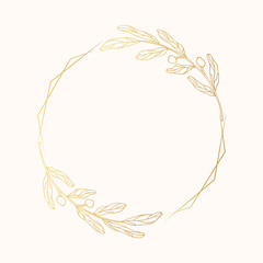 Vector isolated spring flourish border. Elegant rustic gold invitation wreath for wedding card. Golden round frame with floral branches.