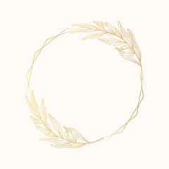 Golden round frame with floral branches. Vector isolated spring flourish border. Elegant rustic gold invitation wreath for wedding card.	