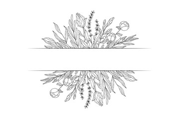 Floral border with branches, flowers and herbs. Elegant leaf invitation decor for wedding card. Vector isolated spring flourish frame.