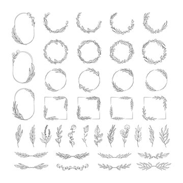 Big set of  hand drawn botanical round, oval and rectangular frames, floral dividers and branches. Vector isolated elements. Wedding flourish laurel wreaths for invitation card. 