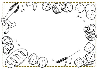 小麦粉を使った食べ物(クッキー,パン,パスタ,クラッカー,ビスケット)の手描きイラストフレーム