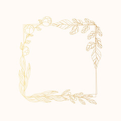 Hand drawn square floral wreath with golden brunches and flowers. Vector isolated rustic frame.  Flourish gold wedding border for invitation card.