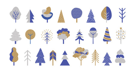 Set of deciduous and coniferous trees in gold, silver and blue colors. Winter forest in a simple geometric style. Design elements for Christmas and new year cards and banners in Scandinavian style