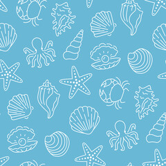 Seashell seamless pattern. Vector background included line icons as sea shells, scallop, starfish, clam, octopus, crab, nautical texture ocean life for fabric. White and blue color
