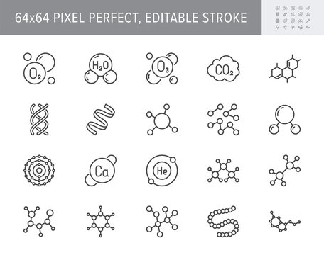 Molecule line icons. Vector illustration included icon amino acid, peptide, hormone, protein, collagen, ozone, O2 chemical formula outline pictogram for chemistry. 64x64 Pixel Perfect Editable Stroke