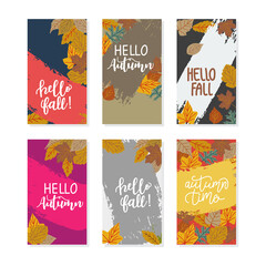 Obraz na płótnie Canvas Vector set of abstract backgrounds banner with autumn- bright vibrant banners, posters, cover design templates, social media stories wallpapers with yellow and orange leaves