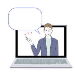 vector illustration a man on the monitor wearing jacket talking with speech balloon.