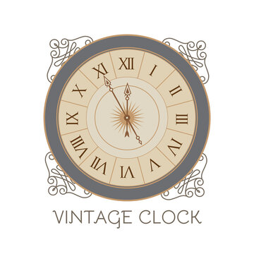 Antique clock with elegant frame. Old fashioned design element. Vintage watch.