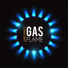 Gas flame. Blue fire effect. Neon light on transparent background
