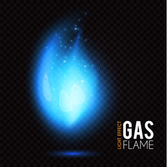 Gas flame. Blue fire effect. Neon light on transparent background